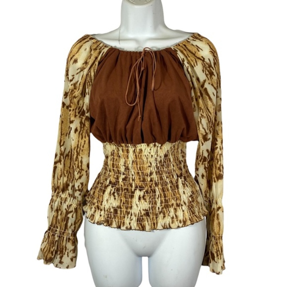 Coin Womens Medium Blouse Animal Print Tie Boat Neck Long Sleeve Stretchy